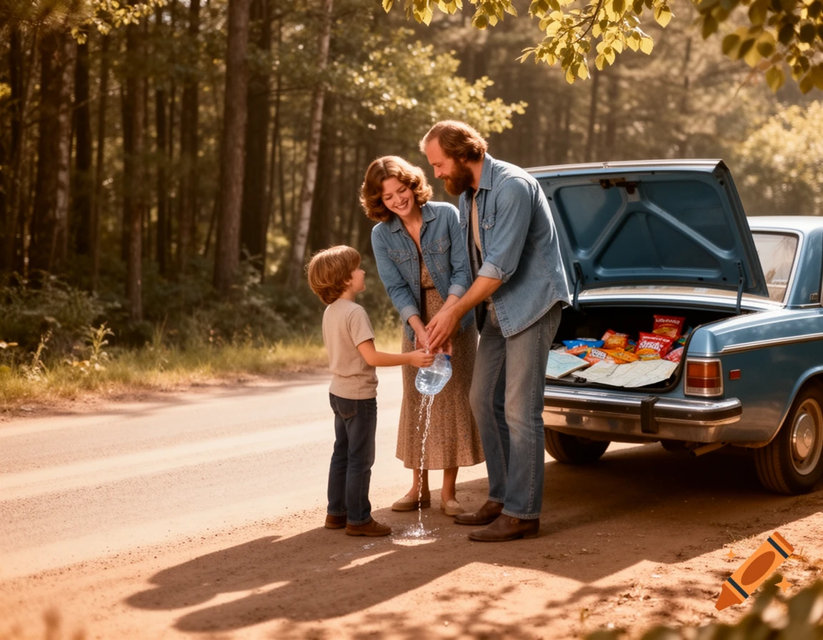 A family of three by a vintage blue car with its trunk open on a dirt road next to a forest. They are washing hands with water on a sunny day. Photorealistic.