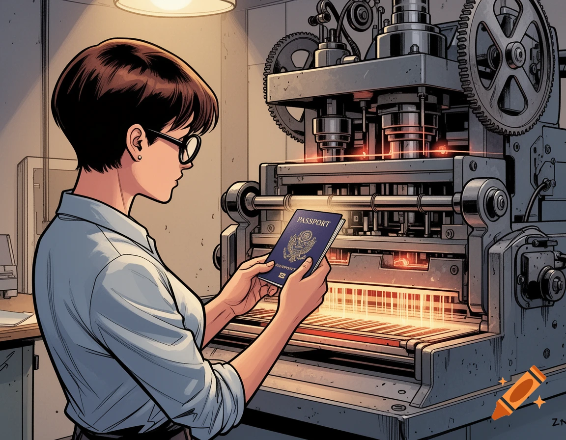 Comic book art of a woman in glasses inspecting a passport near an industrial laser machine in a workshop.