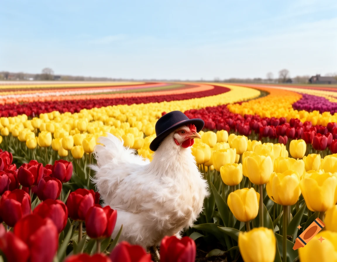 A white fluffy chicken wearing a black fedora stands in a vibrant field of red and yellow tulips under a clear blue sky, photorealistic.