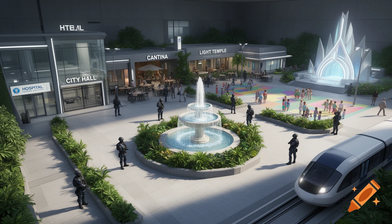 A clean, modern settlement plaza features a fountain, City Hall, Hospital, Cantina, Light Temple, diverse people, security guards, and a maglev train.