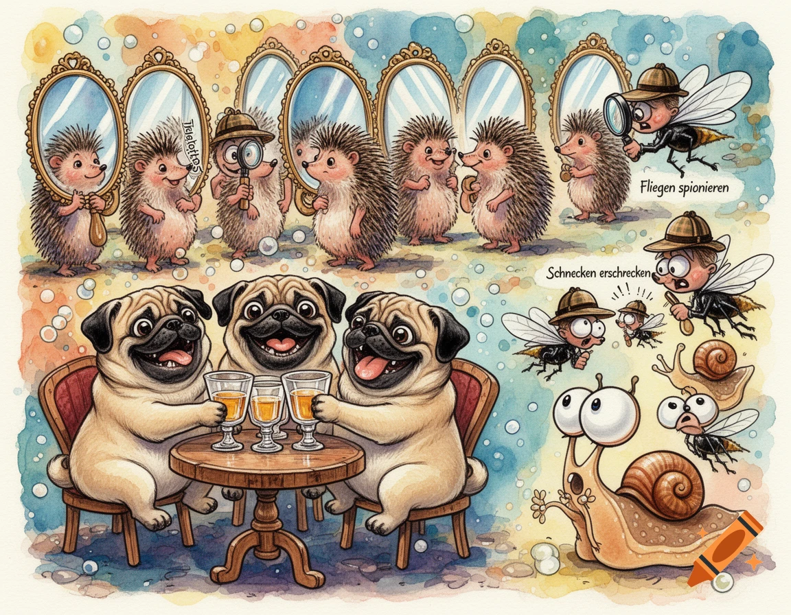 A whimsical watercolor illustration shows three happy pugs clinking glasses, hedgehogs looking in mirrors, spying flies, and shocked snails.