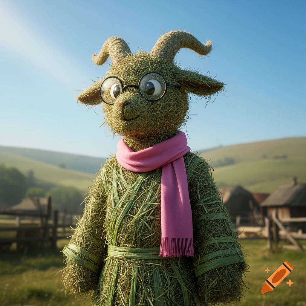 A cute, anthropomorphic goat-like creature made of hay, wearing glasses and a pink scarf, stands in a sunny, grassy field.