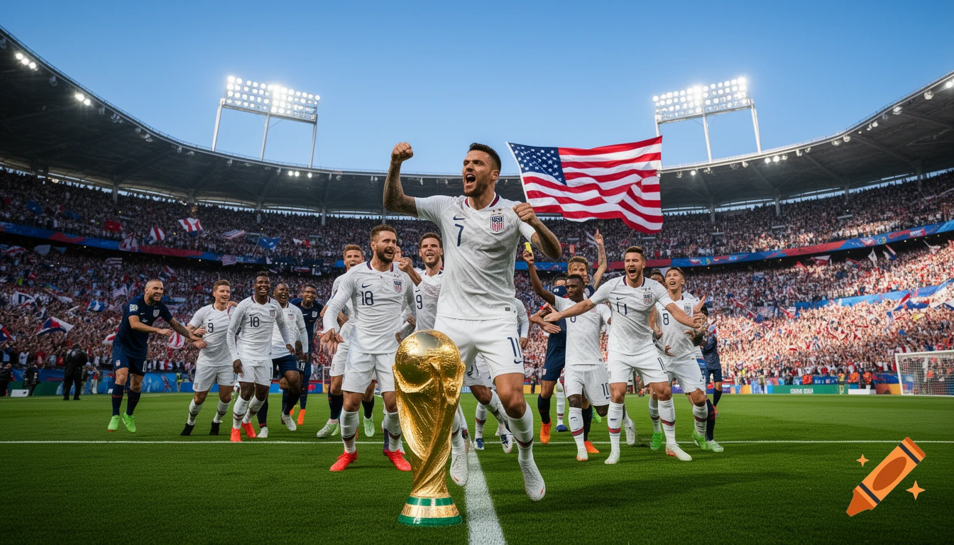 Photorealistic image of USA soccer players celebrating in a stadium, holding an American flag and the World Cup trophy.