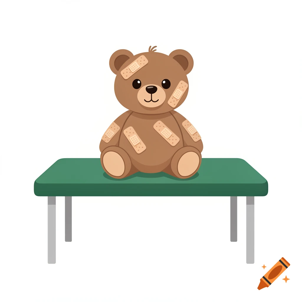 A cute brown cartoon teddy bear with multiple band-aids sitting on a green examination table against a white background.