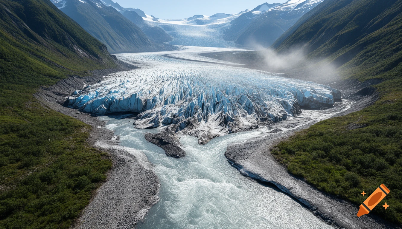 Aerial view of a large blue and white glacier winding through a green valley with tall mountains and a river.