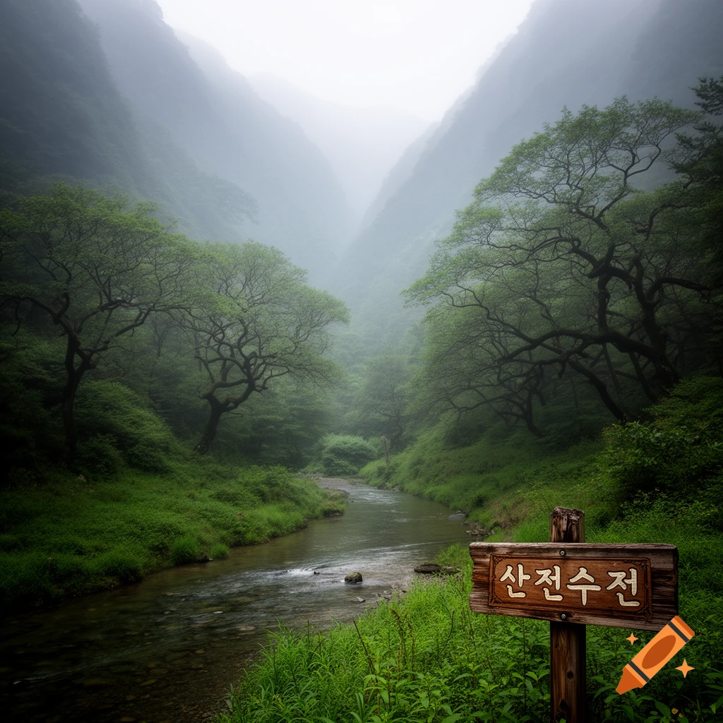 A serene, misty mountain valley with a river winding through lush green foliage, with a wooden sign on a post in the foreground.