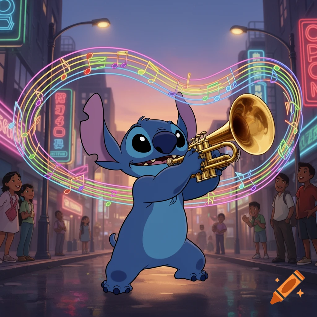 A cartoon Stitch plays a golden trumpet on a city street at night, surrounded by neon music notes and watching people.