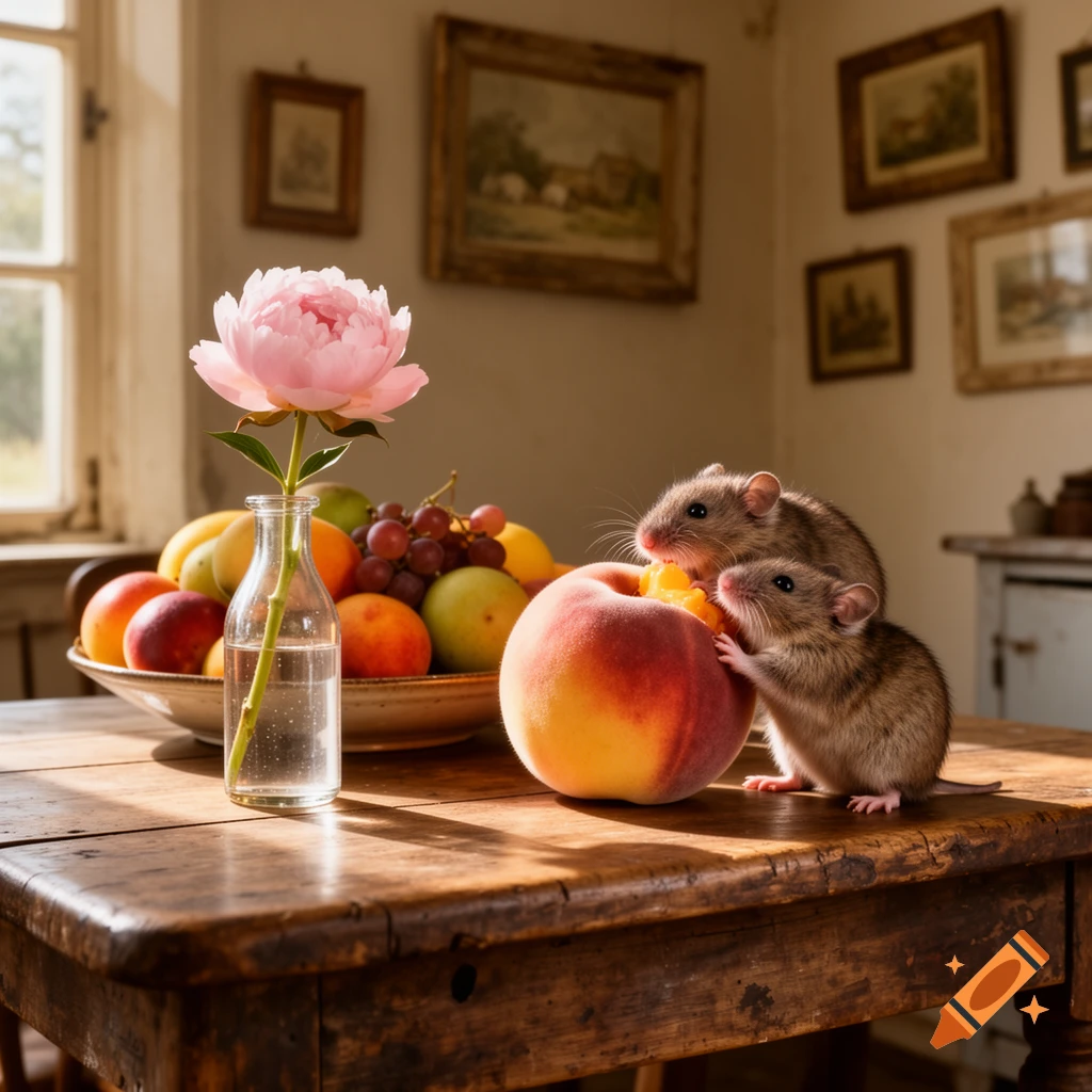 Photorealistic. Two dormice gnaw on a peach on a wooden table with a peony in a vase and fruit, in a sunlit vintage kitchen.
