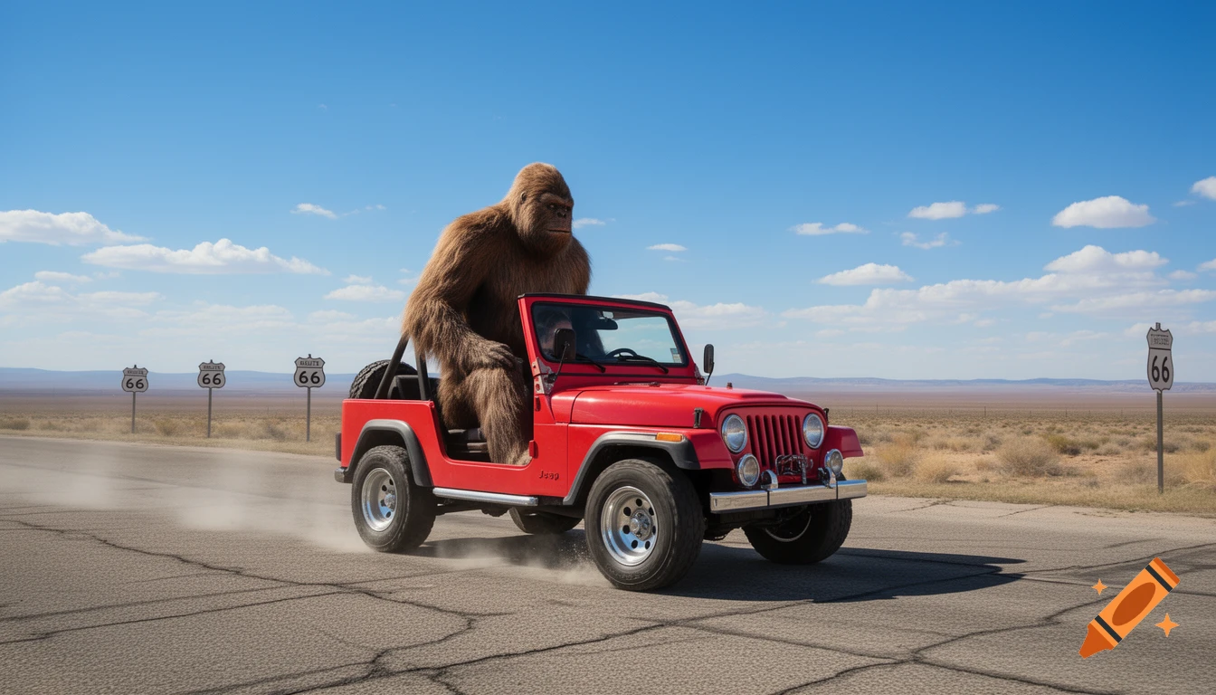 Photorealistic Bigfoot drives a red Jeep on Route 66 through a desert landscape under a clear blue sky.