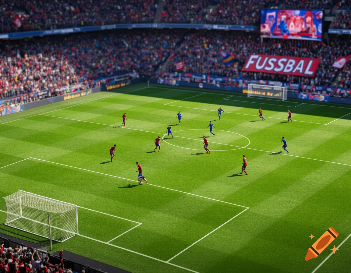 An aerial, tilt-shift view of a soccer match in progress on a bright green field inside a stadium filled with spectators.
