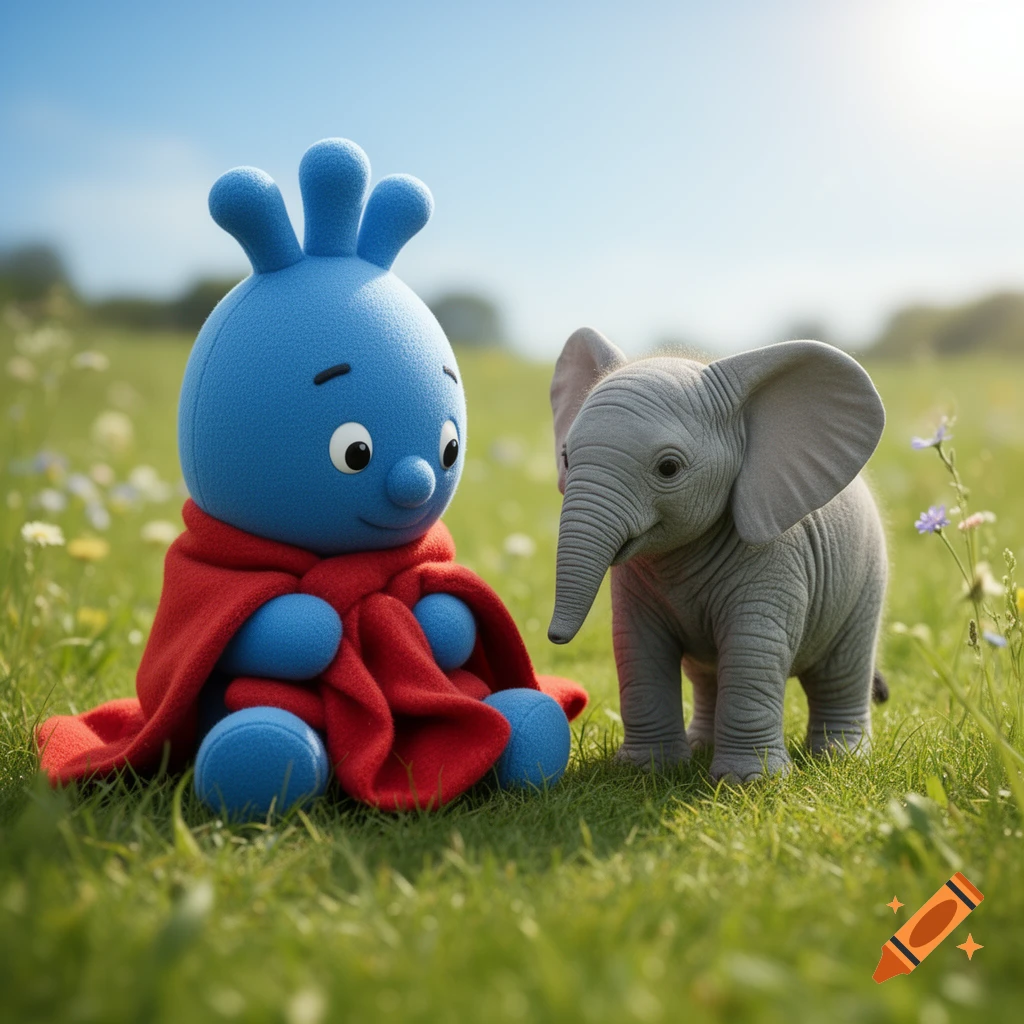 A blue plush Igglepiggle in a red blanket sits next to a small baby elephant in a sunny, grassy field.
