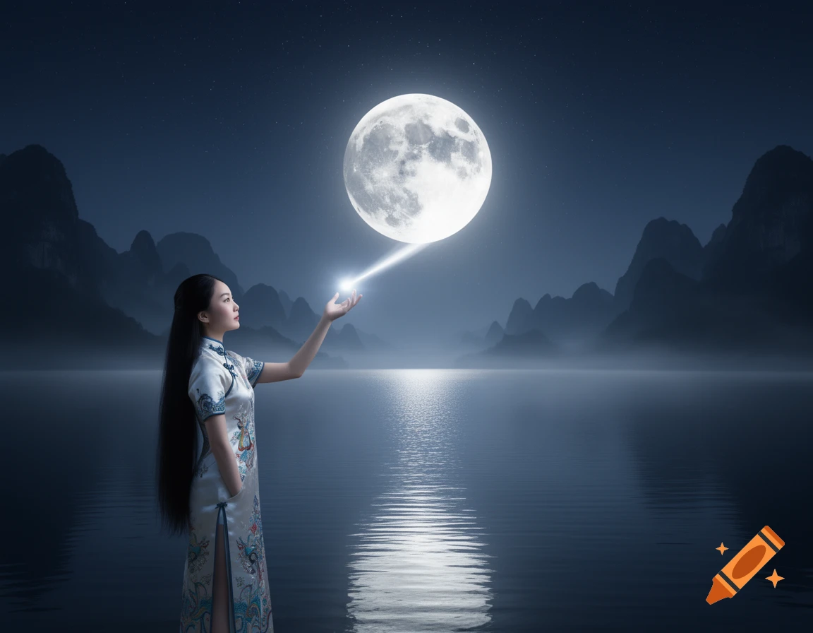 A Chinese woman in a traditional dress stands by a lake at night, a beam of light from her hand connecting to a bright moon over misty mountains.