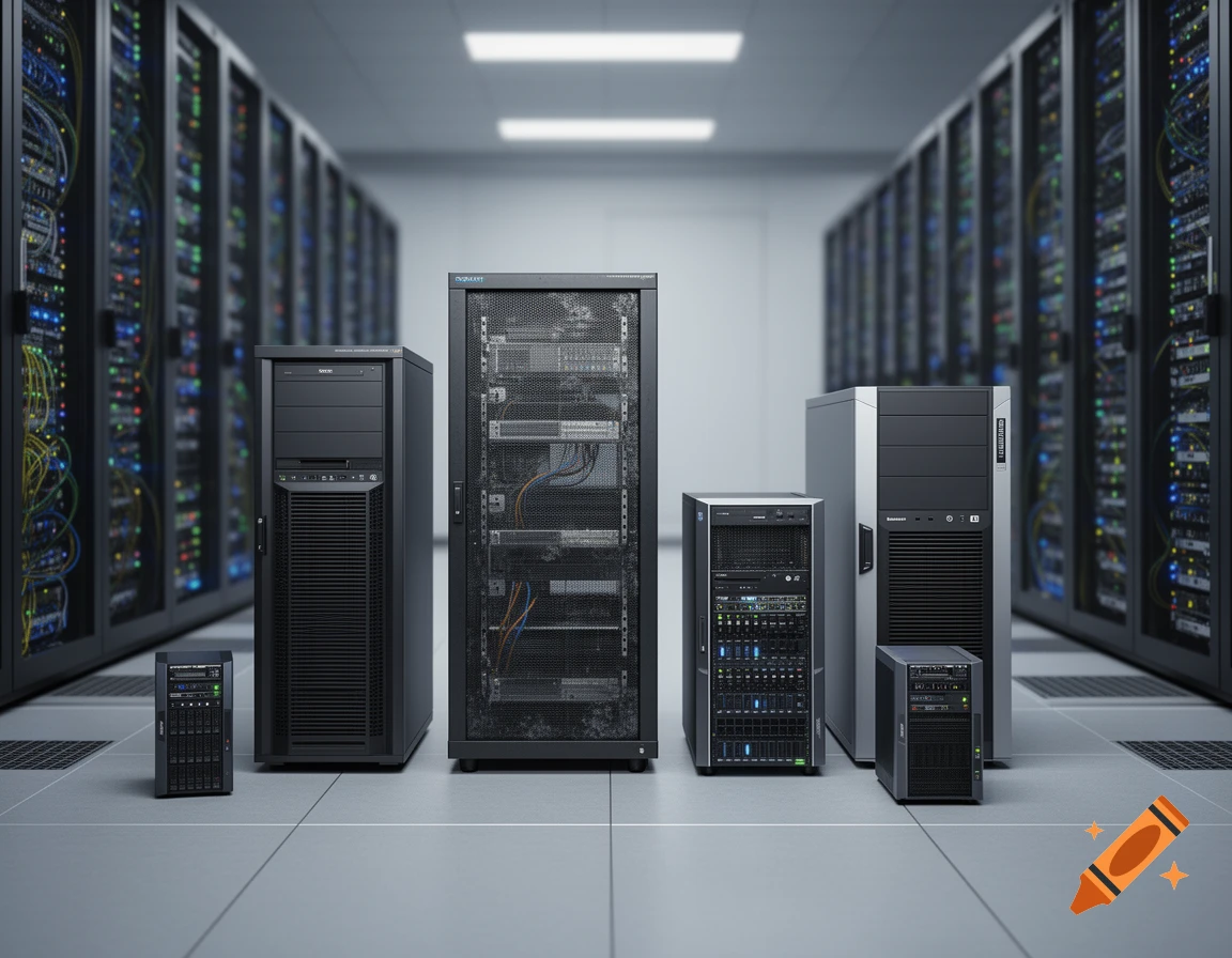 Photorealistic image of various enterprise servers of different sizes arranged in a modern data center aisle.