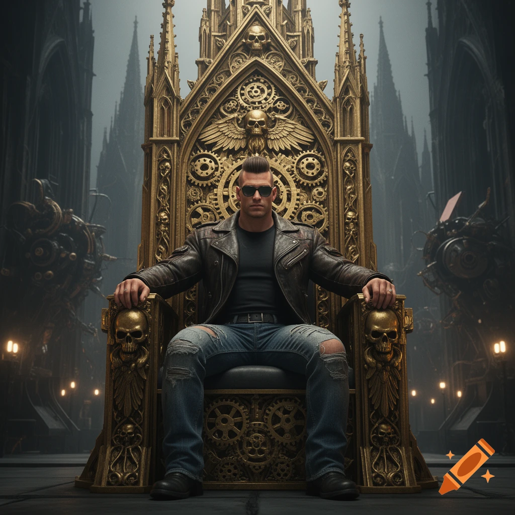 A man resembling Duke Nukem sits on a highly ornate golden gothic throne adorned with skulls and gears in a dark cityscape.