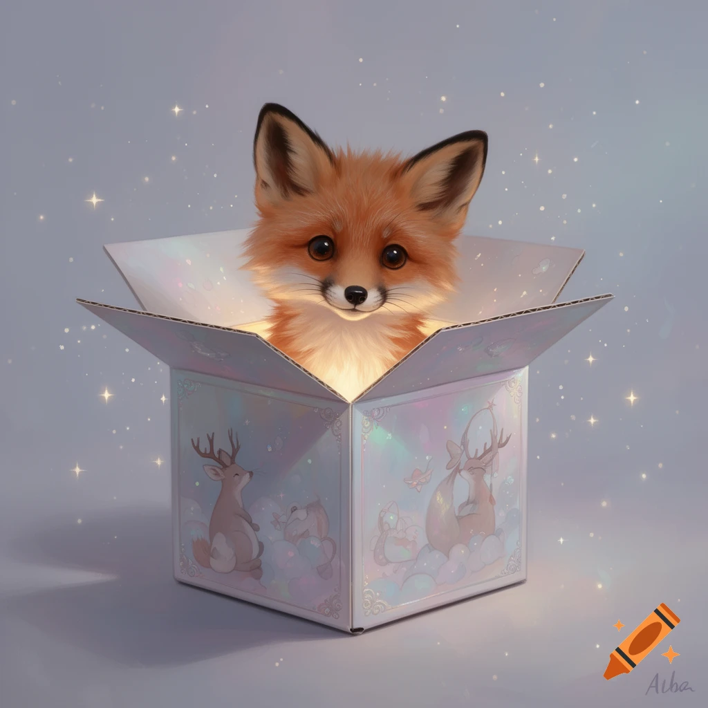 A cute, stylized fox peeks out of a glowing, iridescent box decorated with deer illustrations, surrounded by sparkling light.