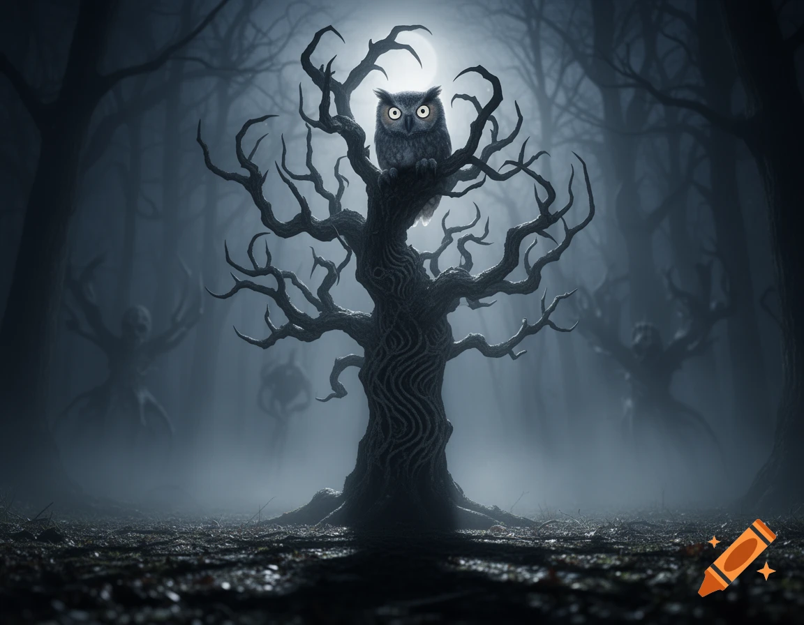 A wide-eyed owl perches on a gnarled, leafless tree in a dark, misty forest at night with shadowy figures in the background.
