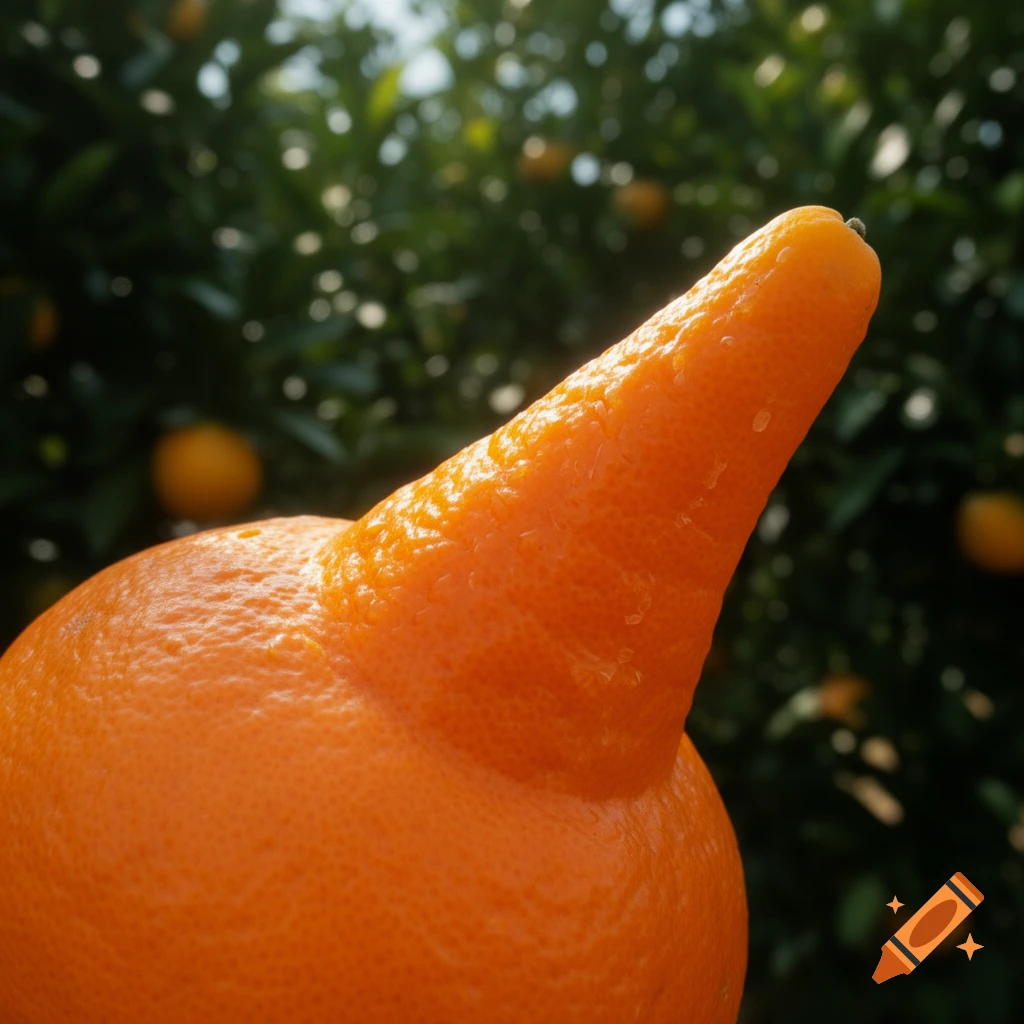 Close-up of an orange with a long, pointed protuberance resembling a nose, set against a blurry background of an orange tree.