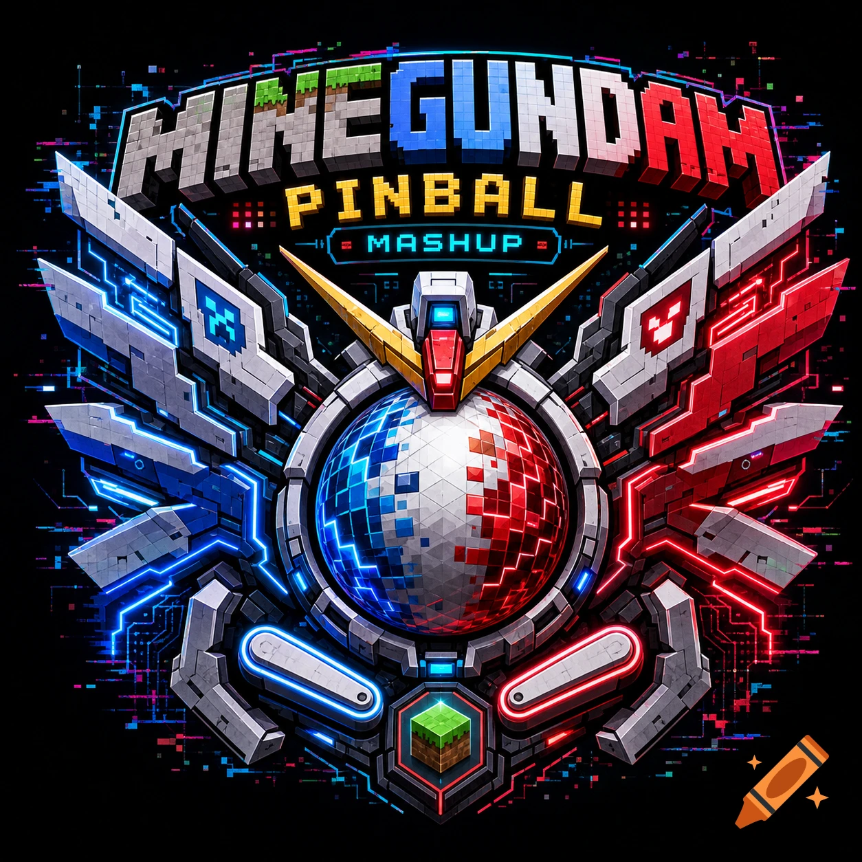 A vibrant digital logo for 'MINEGUNDAM PINBALL MASHUP', combining pixel art text, robotic Gundam wings, and a Minecraft block on a circuit background.