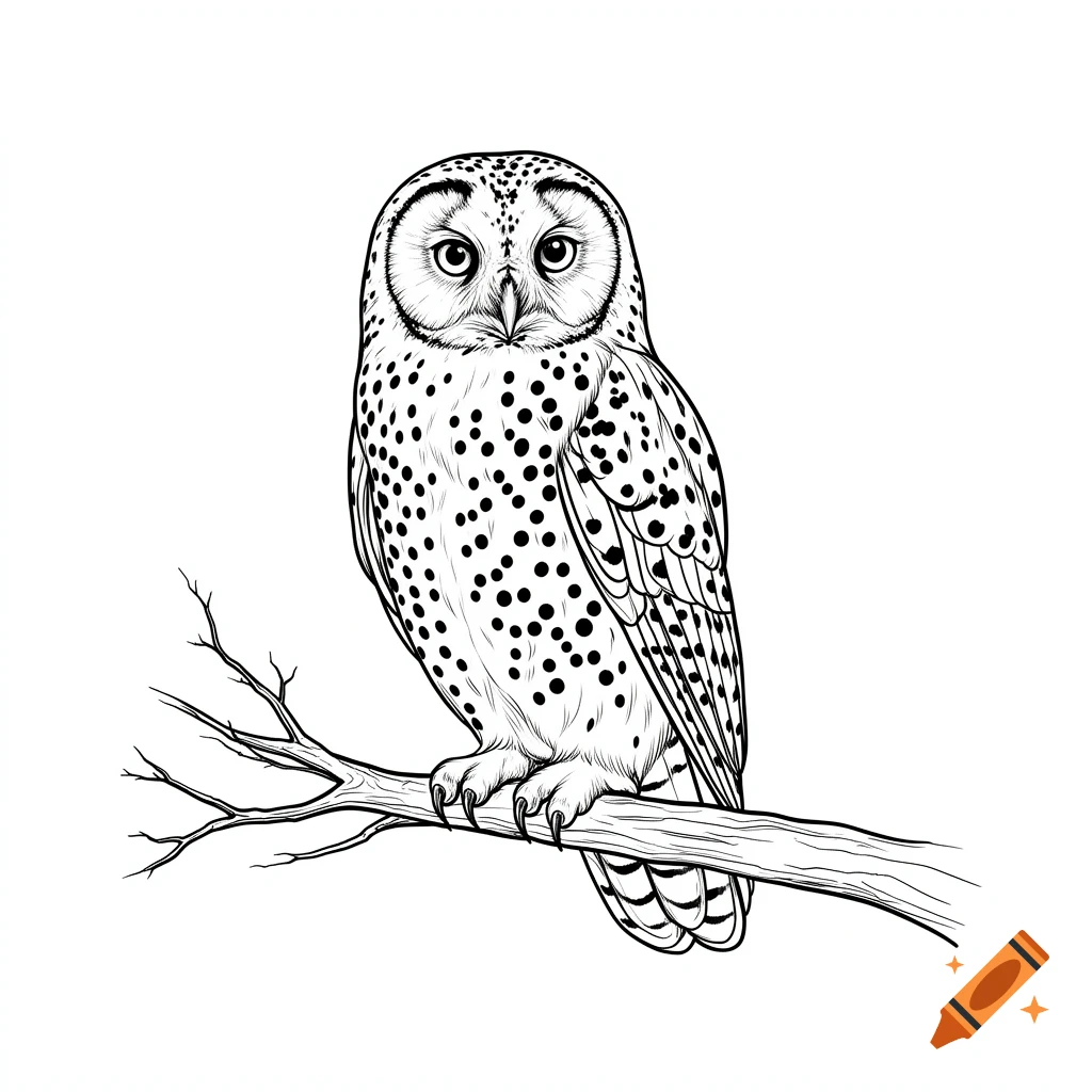 Black and white line art of a spotted owl perched on a bare branch against a white background.