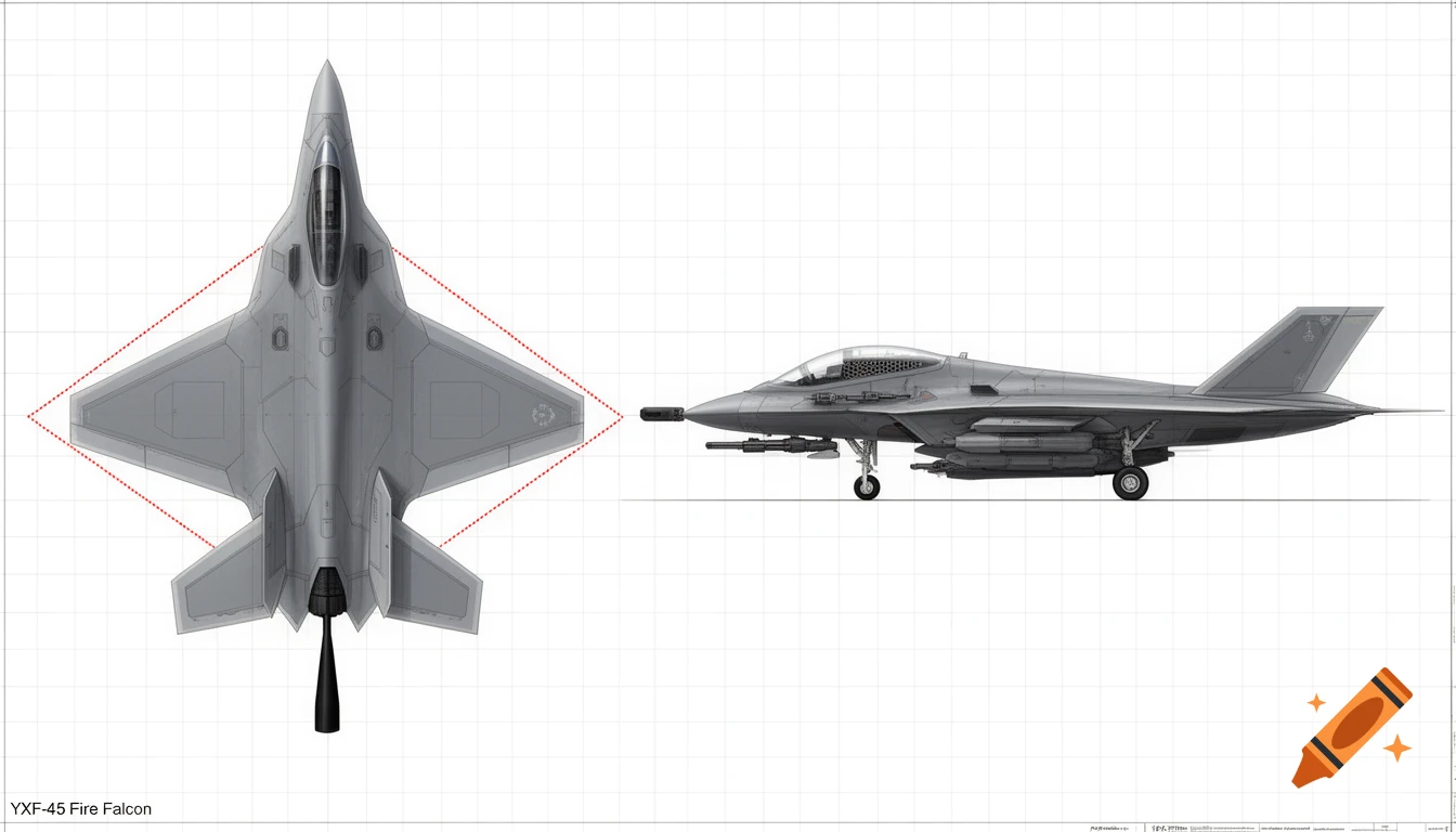 A detailed blueprint shows top-down and side views of a YXF-45 Fire Falcon fighter jet on a grid background.