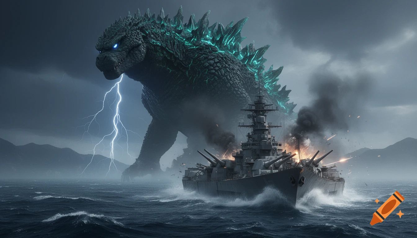 A massive, glowing-spined Godzilla rises from a stormy ocean, facing a firing battleship under a lightning-filled sky.