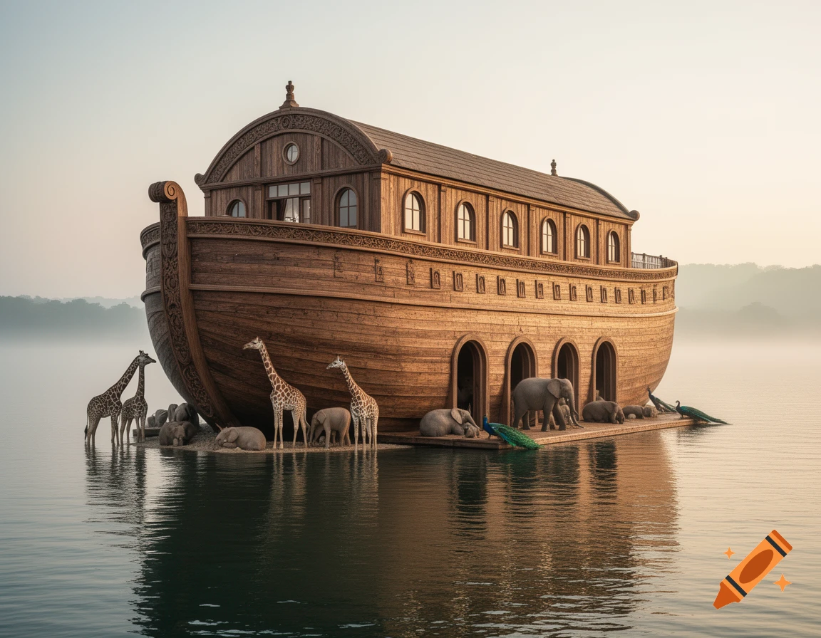 A photorealistic image of Noah's Ark, a large wooden boat with many windows, floating on calm water at dawn. Various animals, including giraffes, elephants, and peacocks, stand near the ark.
