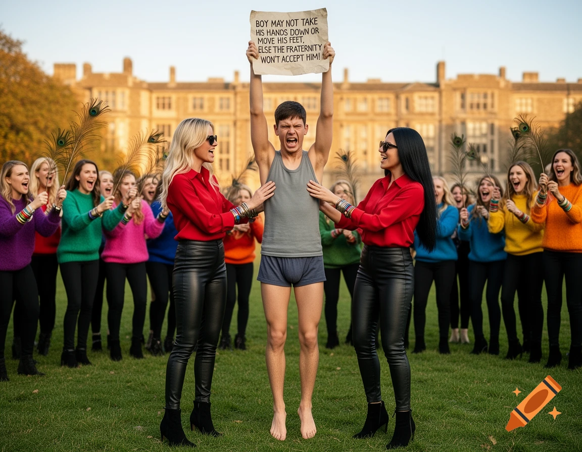 A man in boxer shorts holds a sign, yelling, while two women touch him and a crowd of women cheer in front of a university, photorealistic.