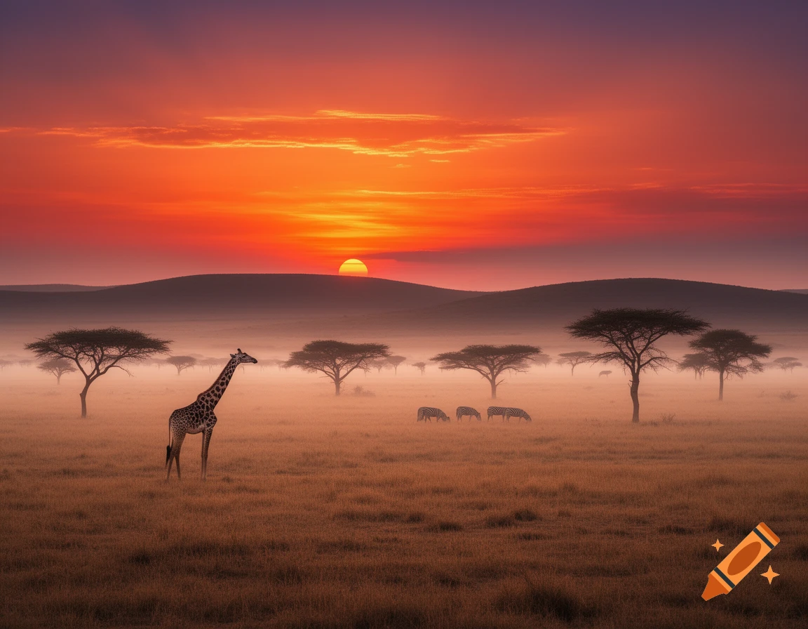 A lone giraffe and a herd of zebras in a misty savanna, silhouetted against a vibrant orange and red sunset over rolling hills.