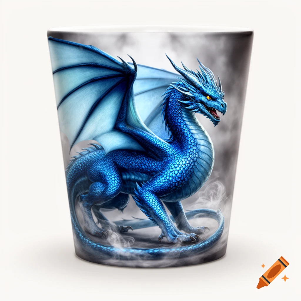 A vibrant blue dragon with large wings and scales stands amidst smoke, depicted on a white cup.