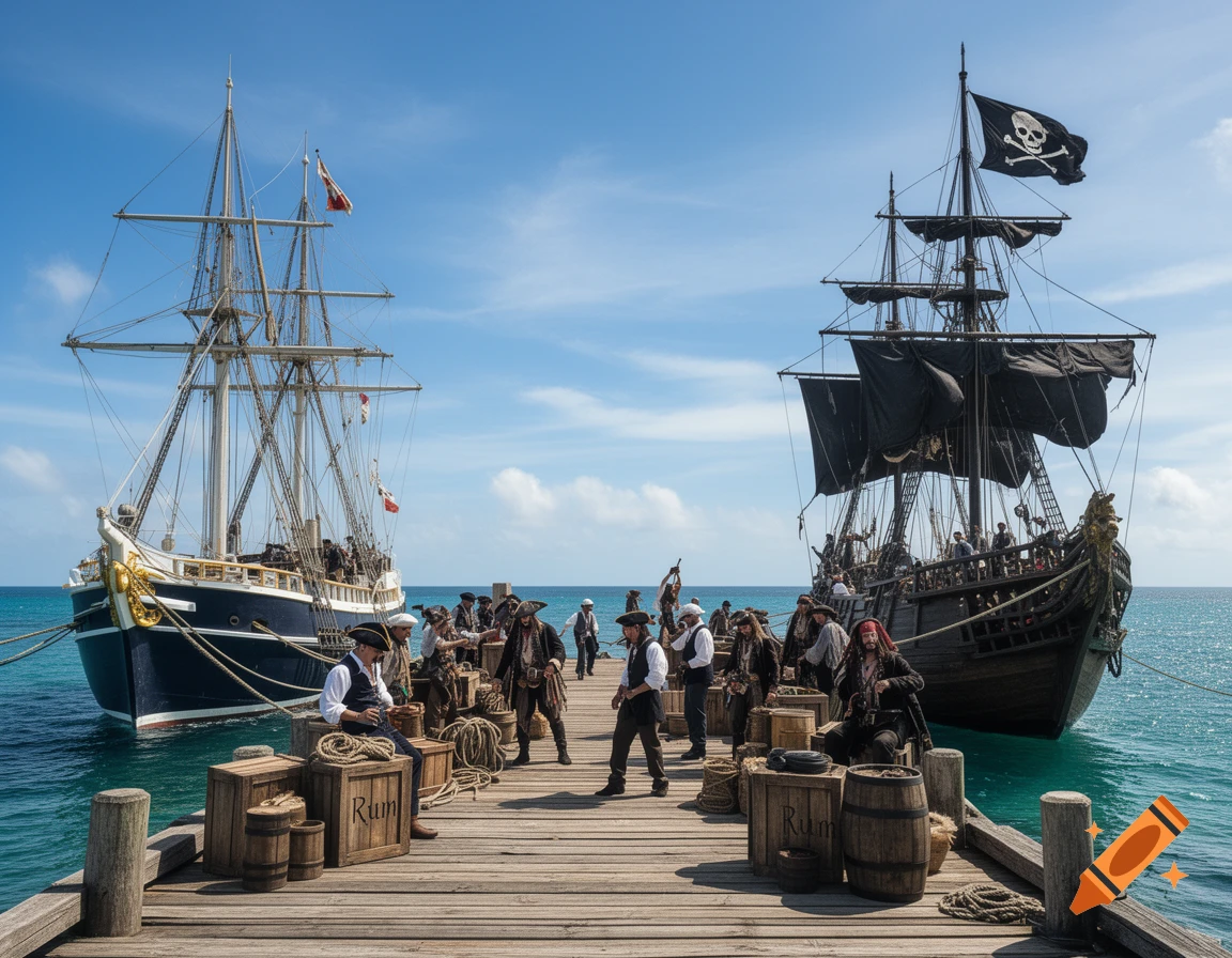A bustling wooden dock filled with pirates and sailors, flanked by a black pirate ship and a white naval ship.