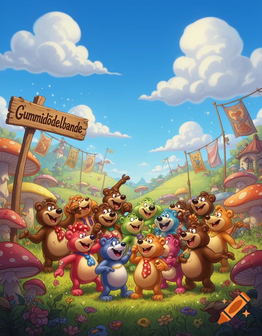 Many colorful cartoon bears in a whimsical mushroom forest, gathered in a group and smiling. A wooden sign reads "Gummidödelbande".