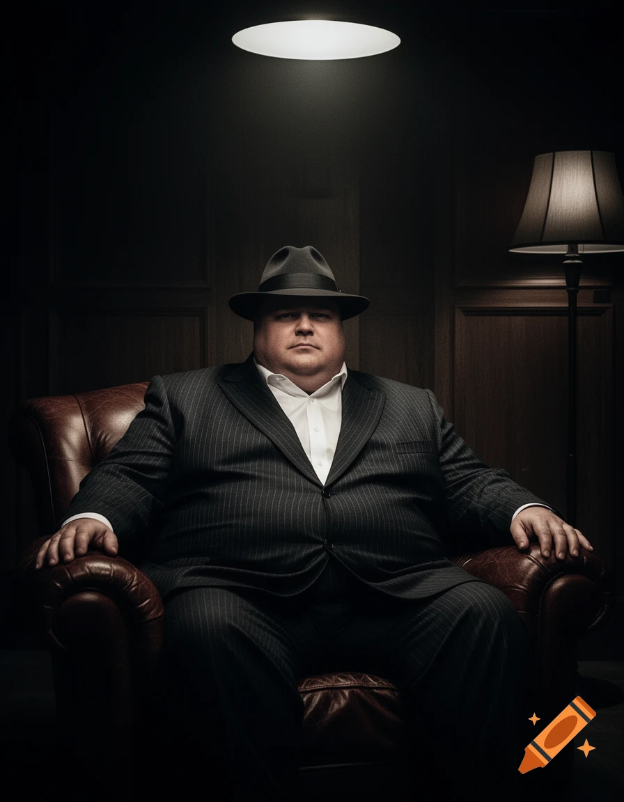 A heavy-set man in a pinstripe suit and fedora sits in a leather armchair under a spotlight in a dark, noir-style room.