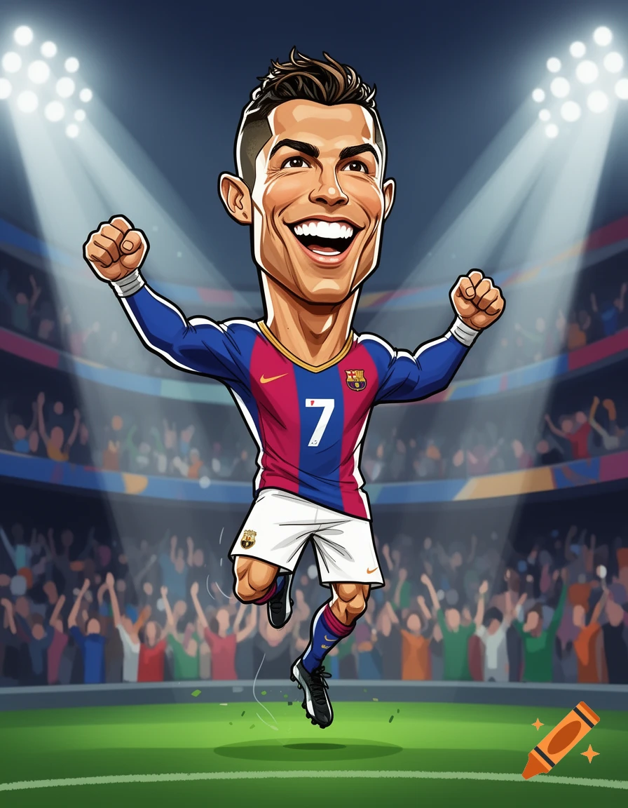 A smiling, cartoonish Cristiano Ronaldo in a FC Barcelona kit, number 7, jumps with arms raised in a stadium.