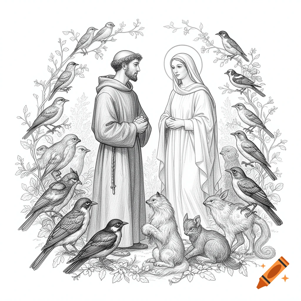 Black and white sketch of Saint Francis and Virgin Mary surrounded by various birds and small animals in a natural setting.