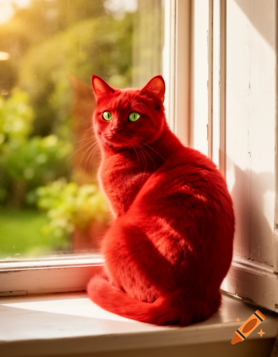 A vibrant red cat with bright green eyes sits on a sunlit white window sill, looking intently left. Outside, a blurred green garden is visible.
