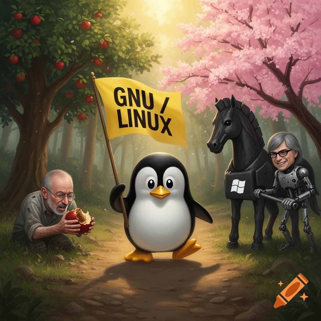 A digital painting of Tux the Linux penguin holding a 'GNU / LINUX' flag on a forest path, with a Bill Gates robot pushing a Windows Trojan horse and a Steve Jobs-like man eating a rotten apple.