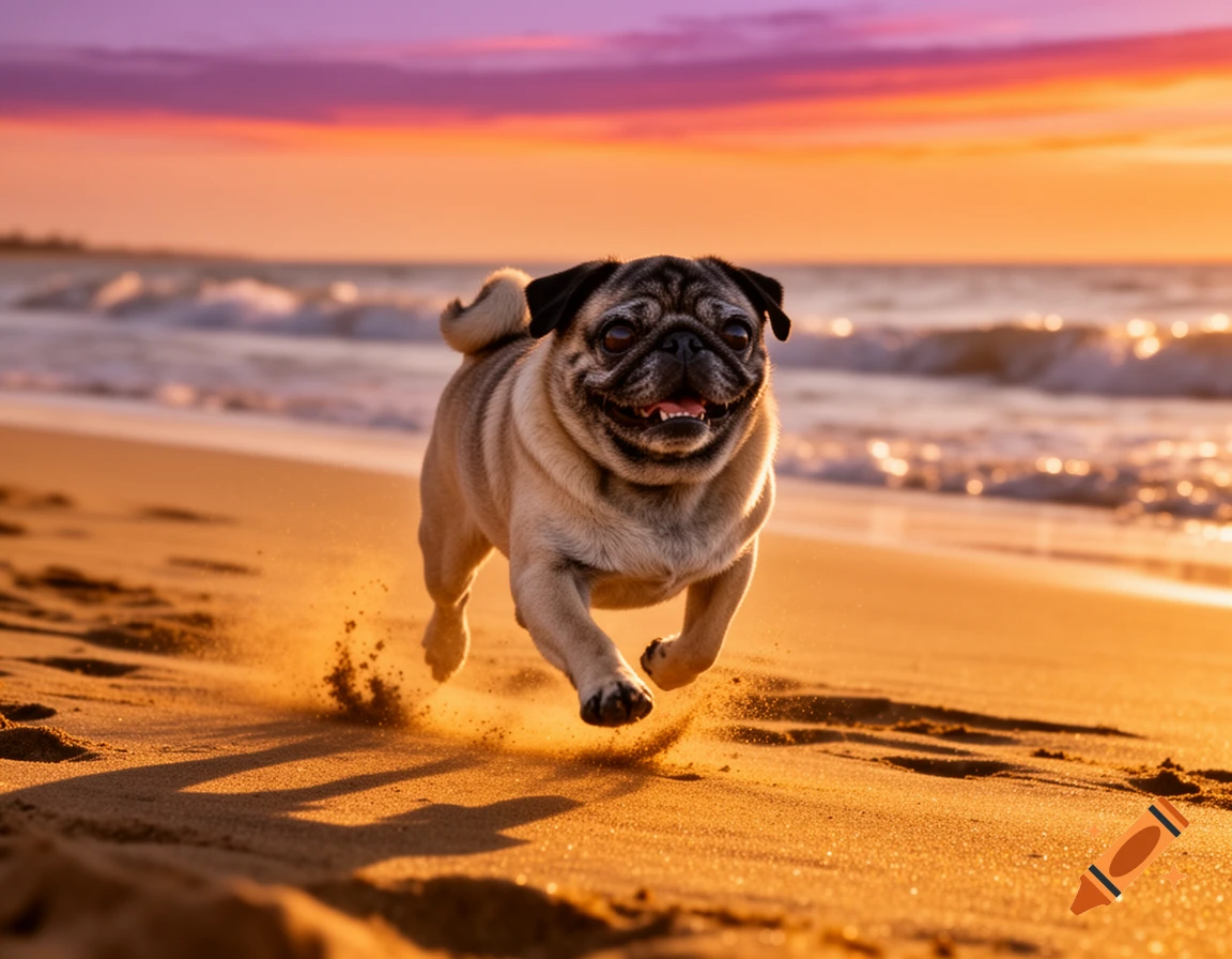 A happy pug runs on a sandy beach at sunset, kicking up sand, with waves in the background.