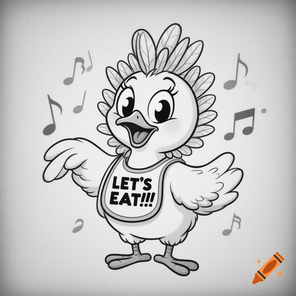 A happy, retro-style black and white cartoon chicken wearing a bib that says 'LET'S EAT!!!', with musical notes floating around.