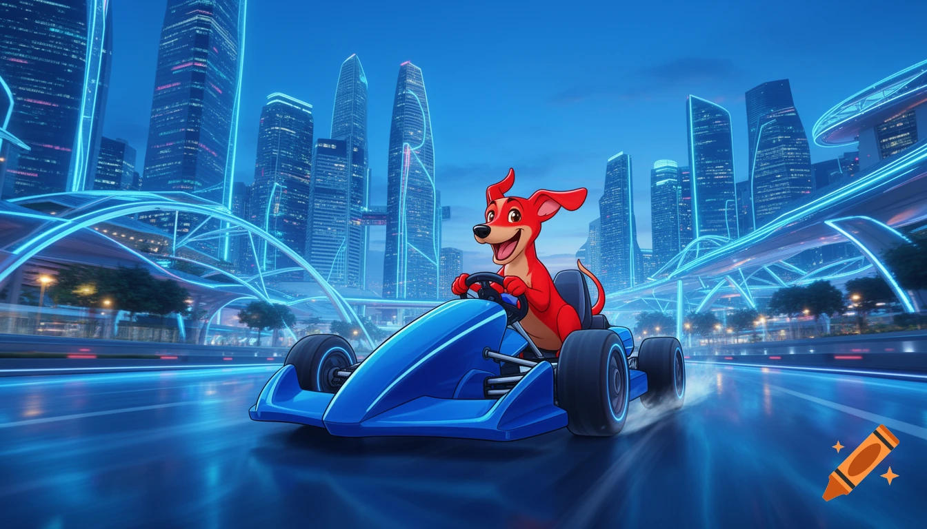 A red cartoon dog drives a blue go-kart on a road through a blue neon-lit futuristic city at dusk.