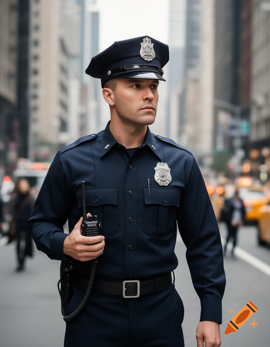 A male police officer in a dark blue uniform and peaked cap stands in a city street, holding a radio.