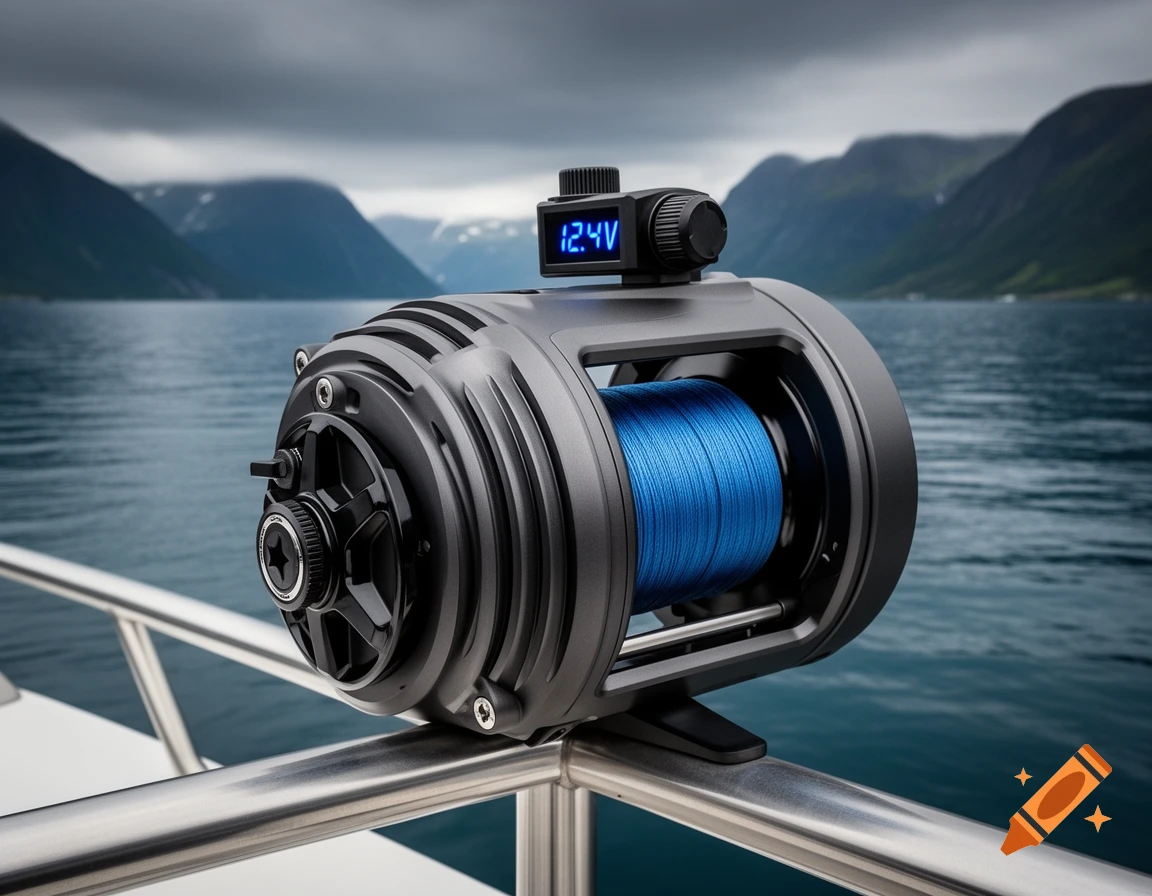 Photorealistic image of a dark gray electric fishing reel with blue line and '12.4V' display, mounted on a boat rail in a Norwegian fjord.