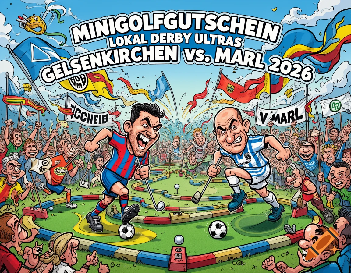 Cartoon of two caricatured men playing minigolf while a crowd of soccer fans cheers, with a banner reading 'Minigolfgutschein Lokal Derby Ultras Gelsenkirchen vs. Marl 2026'.