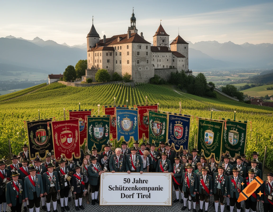 A large group of men in traditional attire with flags and a sign "50 Jahre Schützenkompanie Dorf Tirol" in front of a castle and vineyards.