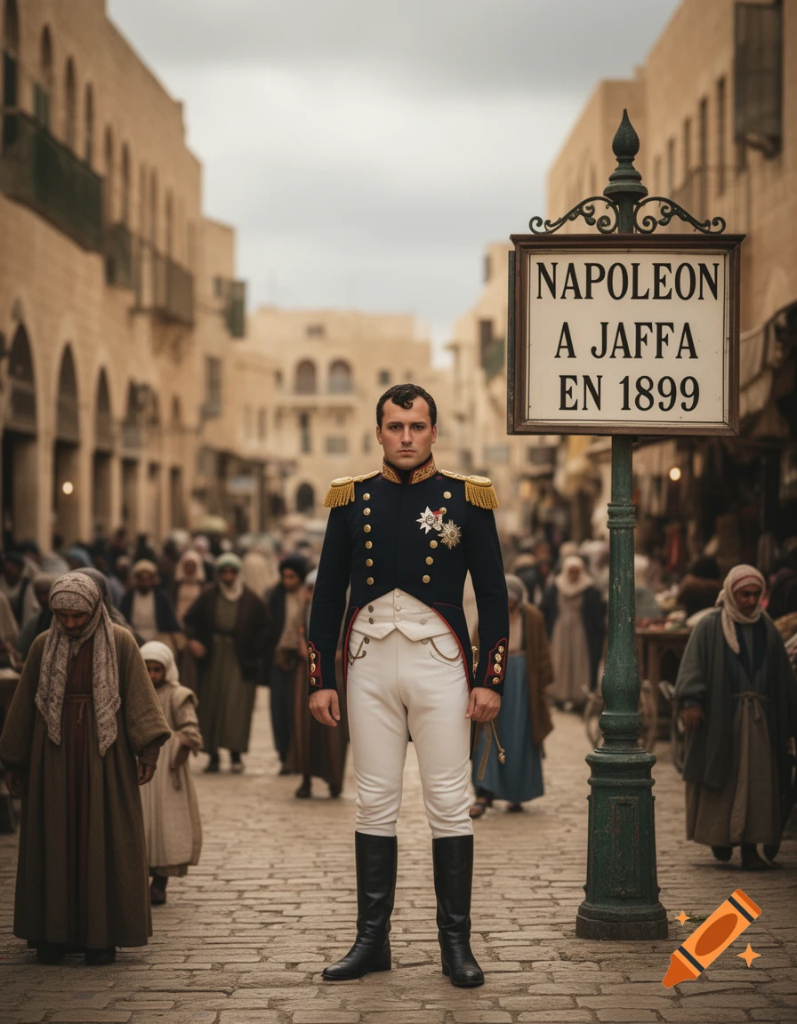 A man in a historical military uniform stands in an old city street, next to a sign 'NAPOLEON A JAFFA EN 1899'. Edited to follow length and formatting constraints.
