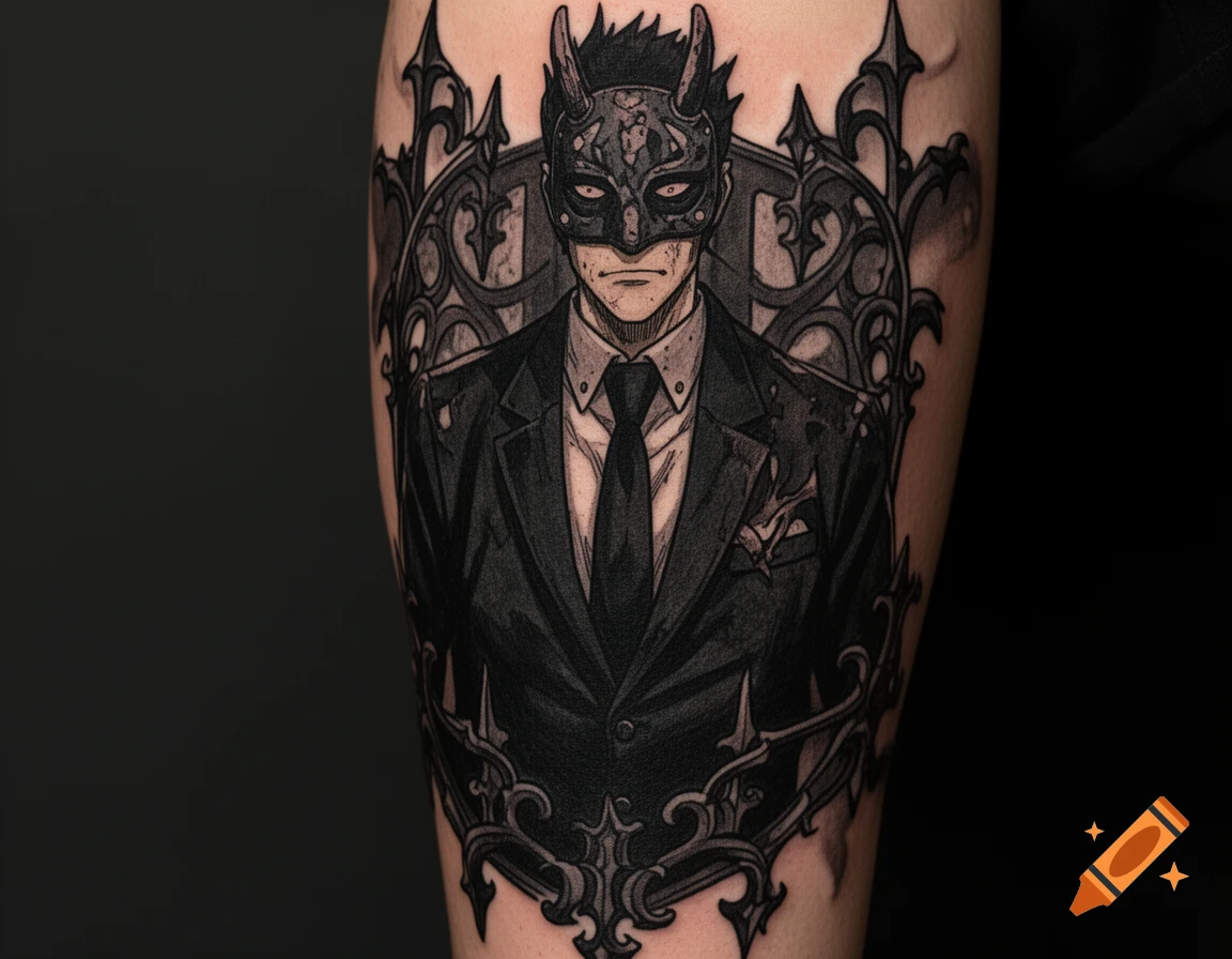 A detailed anime-style tattoo of a character wearing a horned demon mask and a black suit, set within a gothic frame.