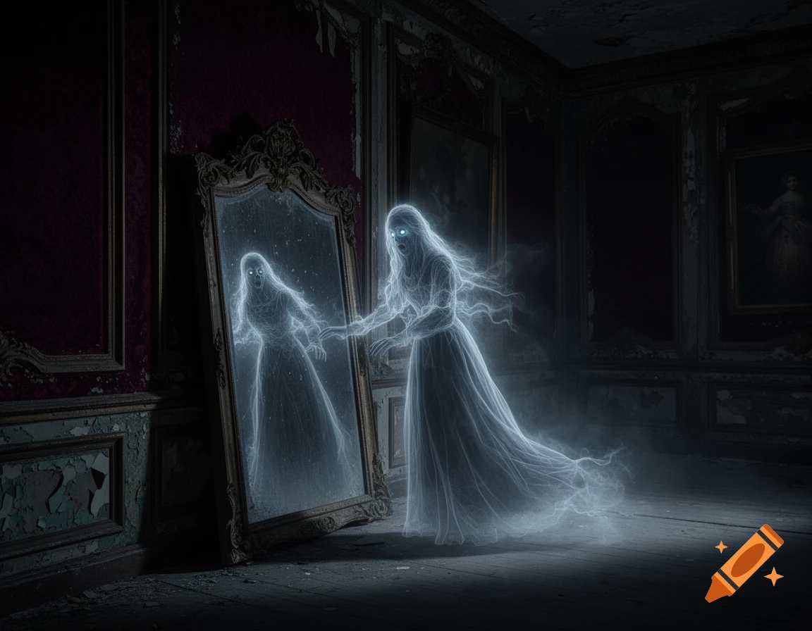 An ethereal ghost in a white gown with glowing eyes looks at its reflection in an ornate mirror inside a dark, decaying room.