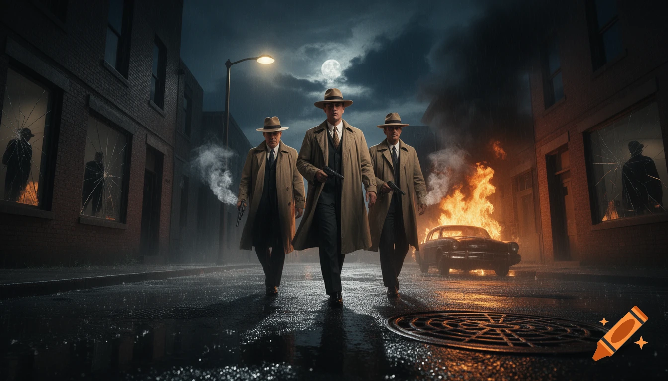 Three trench-coated gangsters with pistols walk on a wet city street at night, with a burning car and shattered windows.