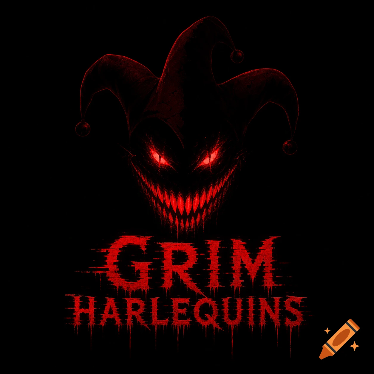 A terrifying, minimalist esports logo featuring a dark jester face with glowing red eyes, jagged teeth, and the glitch text 'GRIM HARLEQUINS' in blood-red.