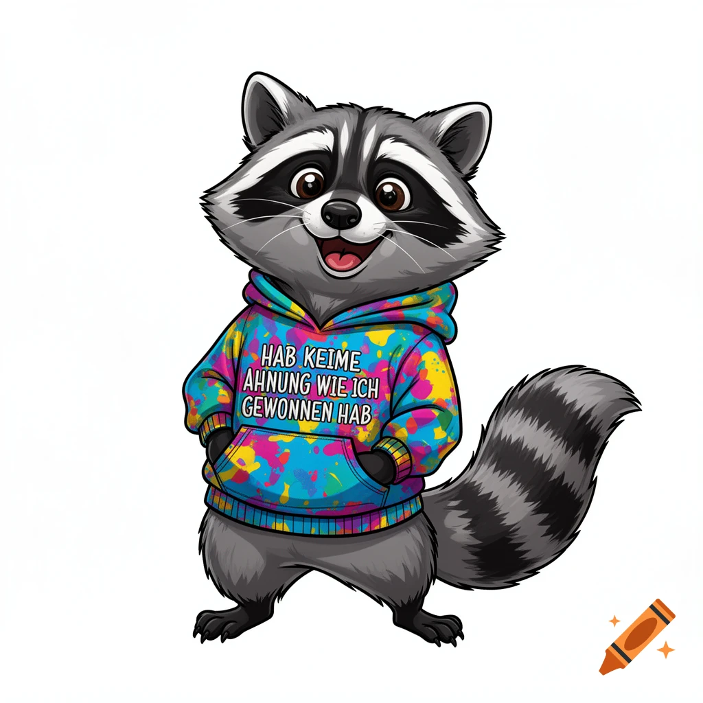 A smiling cartoon raccoon in a colorful tie-dye hoodie with text 'HAB KEIME AHNUNG WIE ICH GEWONNEN HAB'.