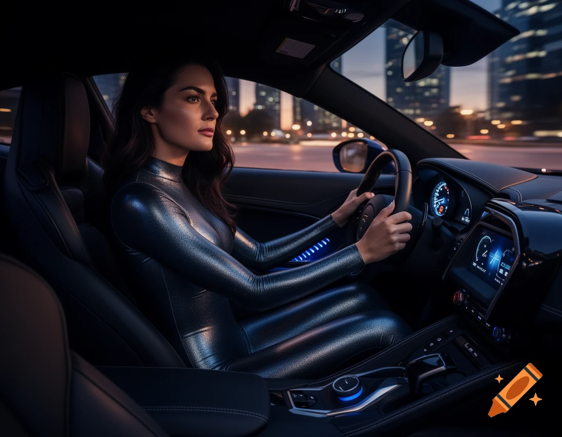 A woman in a shiny metallic bodysuit drives a car at dusk, city lights blurring in the background.